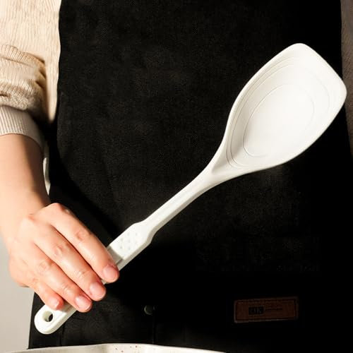 CVIUYO Silicone Spatula Cooking Spoon, 3-in-1 Silicone Kitchen Spoon, Heat Resistant Nonstick Solid Spoon with Deep Groove and Measurement Mark for Frying, Serving Soup and Rice (Beige)