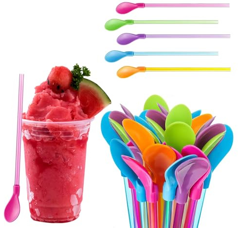 Debbery 20 Pcs Slush Straws, Reusable Colored Straw Spoon 2 in 1, Plastic Milkshake Straws with Spoon Tip, Detachable for Smoothies, Milkshakes, Coffee, Juice, and Hot Drink