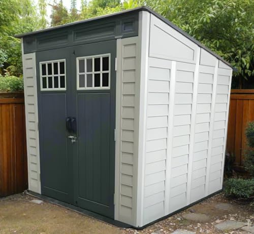 Garden Store Direct Balmoral Heavy-Duty Resin Dual-Wall High-Density Polyethylene Garden Storage, Windproof, Tool/Bike Shed, 7x7 ft, 7x5.2 ft or 7x3.7 ft (PENT ROOF - GREY, 7 x 7)