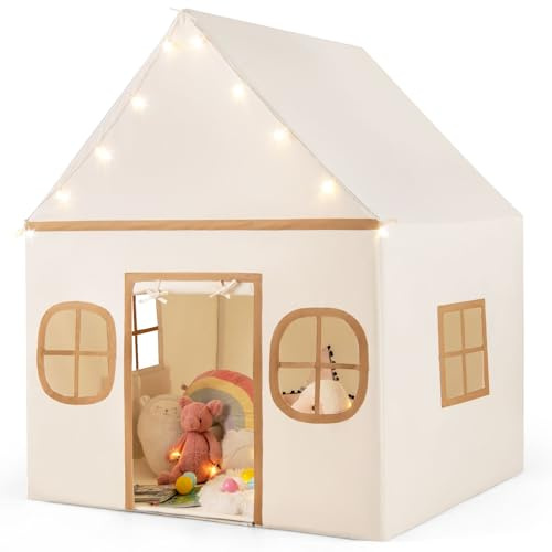 GOPLUS Casa de Tienda para Niños, con 10 Luces de Estrellas y Alfombra, Puerta Enrollable, Ventanas Aireadas, Prácticos Bolsillos de Almacenamiento, Tienda de Juego para Niños de 3 + Años (Beige)
