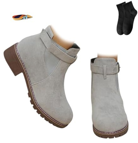 Botas de tobillo retro con hebilla plana para mujer, de ante para otoño e invierno, tacón bajo, punta puntiaguda, botines cortos gruesos, informales, cómodos, zapatos de oficina para caminar, Gray