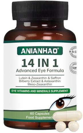 Lutein 14 IN 1 Augenpflege Fortgeschrittene Augenformel, Mit Lutein, Zeaxanthin, Unterstützung Bei Trockenen Augen Vielseitige Natürliche Linderung FüR Erwachsene Und Senioren, 60 Kapseln
