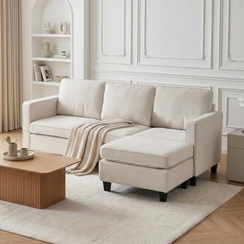 JIEXI L-Shaped Sectional Sofa, 3 Seater Boucle Fabric Sofa with Chaise Lounge, Modern Modular Couch with Wheels for Living Room, Small Space, Beige
