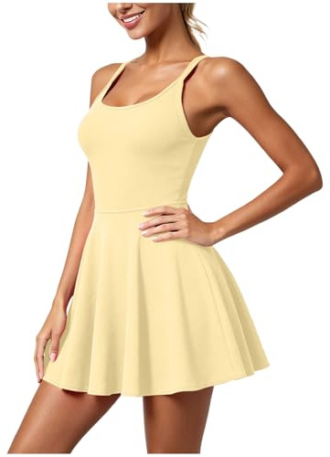 Robe Tennis Femme 2026 Sport Sans Manches Col en U Dos Nageur avec Short Intégré et Poches Robe de et Fitness Mini Été avec Soutien Gorge Confortable et -transpirante pour Sport et (Yellow-E, L)