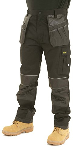 SITE KING Mens Heavy Duty Cargo Holster Pocket Work Trousers with Knee Pad Pockets (36 Waist / 29 Short Leg, Black)