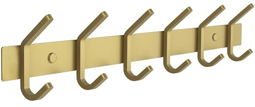 SAYONEYES Porte-manteau mural doré brossé avec 6 crochets doubles pour suspendre – 43,2 cm – Crochets muraux rustiques en acier inoxydable SUS304 – Chapeau, vêtements, sac à main, serviette – 1 paquet