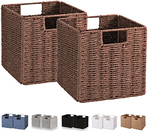 Vagusicc Wicker Storage Basket, Set of 2 Hand-Woven Storage Baskets for Shelves, Foldable Cube Storage Baskets Bins with Handles, 9 inch Small Wicker Baskets for Organizing Pantry Bedroom, Brown