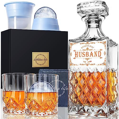 LIGHTEN LIFE Gifts for Husband from Wife,Husband Whiskey Decanter Set in Gift Box,Valentines Gift for Husband,Husband Birthday Gifts,Best Husband Gifts Ideas,Anniversary Wedding Gifts for Husband