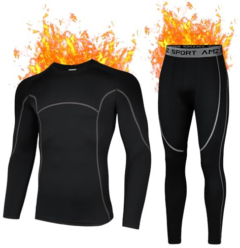 AMZSPORT Herren Thermounterwäsche Set Warmes Kompressionsshirt Kompressionshose Atmungsaktive Funktionsunterwäsche Winter Unterwäsche, Schwarzgrau S