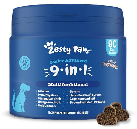Zesty Paws 9-in-1 Vitamine für Hunde | Weiche Hunde Leckerlis - Gelenk- & Knochenschutz für Hunde - Glucosamine & Chondroitin| Hirn-, Darmfunktion, Haut und Wohlbefinden | Für alle Hunde | 90 STK