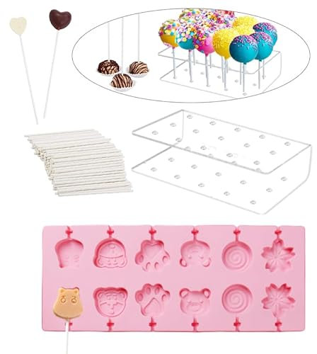 Bastoncini per Cake Pops Porta Lecca-lecca a 20 fori Bastoncini Lecca Lecca Plastica 200 Bastoncini per Lecca-Lecca Alzatine per Dolci Stampo in Silicone a 12 fori