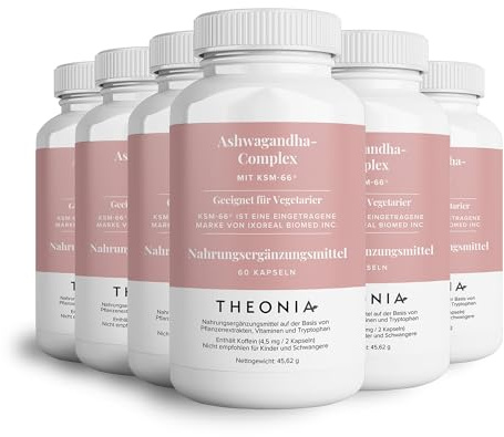 Theonia Ashwagandha Complex 9000 mg KSM-66 Supplément haute résistance pour l'humeur et l'énergie, l'anxiété, le stress - Naturel - 360 capsules, non OGM, végétalien