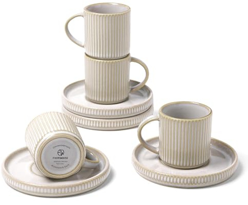 famiware Star Espresso Cups and Saucers Set of 4, [ Mini ] 3 oz Ceramic Small Coffee Mug with Handle, Ribbed Stoneware Demitasse Cup for Tea, Latte - Microwave & Dishwasher Safe - Cappuccino White
