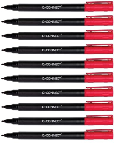 Q-Connect Pennarello per CD DVD BD spessore: 0,6 mm/rosso/10 pezzi, confezione da 10 pezzi, resistente all'acqua, per scrivere su vetro, plastica, metallo, porcellana, pellicola, a base di alcool,