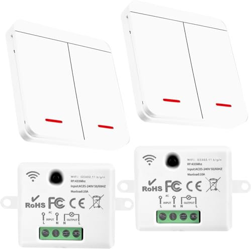 WIYETY Interrupteur sans fil : 433 MHz + WiFi, éclairage sans fil, interrupteur RF et récepteur (2 interrupteurs, 2 récepteurs)