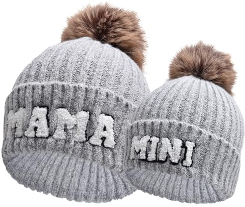 Kunyeah Lot de 2 bonnets pour parents et enfants - Bonnet en tricot pour maman et bébé - Bonnet d'hiver chaud avec pompon, gris clair, Taille Unique