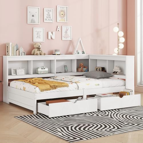 Rtopsu Letto per Bambini Divano Letto 90x200 cm con USB, Struttura Letto con Contenitore Cassetti e Ripiano, Letti per Ragazzi con Rete a Doghe in Legno, Arredamento, Bianco, Senza Materasso