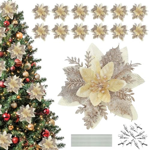 12 Pz Fiori per Albero di Natale, Stella di Natale Artificiale Fiori per Albero di Natale, Finti Fiori di Natale Poinsettia Glitter Ornamenti Decorazioni Addobbi Natalizi con Clip, 14 x 14cm (Oro)
