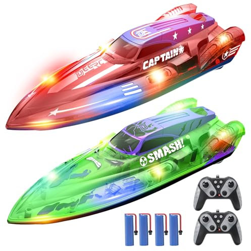 DEERC 2er-Pack 13 inch RC Boot für Kinder, 4 Akkus, 2,4-GHz Ferngesteuertes Rennboot mit LED-Lichtern für Pools und Seen, Sommer-Wasserspielzeug Geschenk für Jungen 8-12