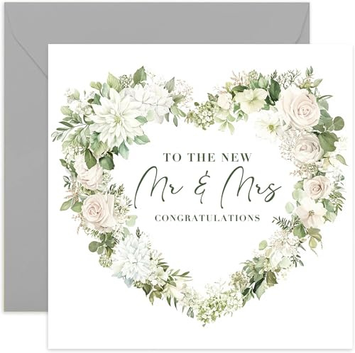 Mr and Mrs Wedding Card - White Botanical Floral Wreath Design - Modern Design - Congratulations to Bride and Groom on Special Day - Celebrations for Him and Her, Husband and Wife - Blank Inside