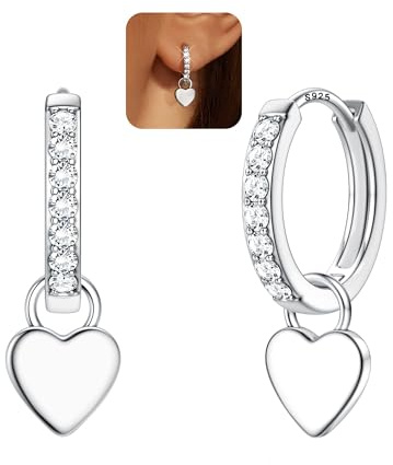 FIOROYAL 925 Sterling Silver Heart Charm Hoop Earrings for Women Girls | Hypoallergenic Lightweight Silver Love Heart Drop Dangle Huggie Charm Earrings Shiny CZ Huggie Hoop Earring Silver