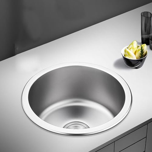 Lavello rotondo da cucina in acciaio inox – Lavello singolo RV lavaggio a mano lavabo sottopiano con scarico scarico 28 x 28 cm funzione di troppopieno per una facile pulizia