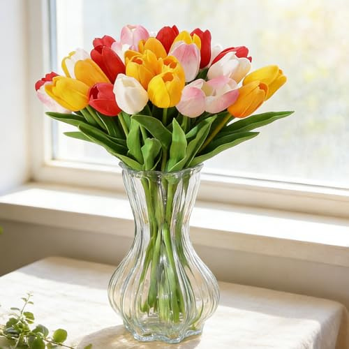 Sahoottie Artificial Tulips 15Pcs Fake Tulips Flower Tulip Artificial Flower Indoor Real Touch Spring Flowers Wedding Bouquet Party Decoration（5 Colors 14 Inch）
