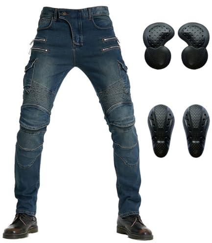 Hombres Pantalones de Motociclismo para Pantalones de Carreras de Motocross con Pantalones Anti Caída,Jeans de Moto, 4 X Equipo de Protección (Blue,XXL)