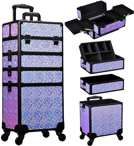 Stagiant 4-in-1 Makeup Trolley Vanity Case Makeup Case Make Up Box Organiser Storage Hairdressing Trolley on Wheels Nail Technician Polish Organiser Box, Shiny Purple