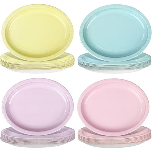 Vesici 100Pcs Pastel Paper Plates Macaron Party Supplies Oval Heavy Duty Multicolor Pastel Disposable Dessert Plates Tableware for Spring Baby Shower Wedding Bridal Birthday Easter Party Supplies