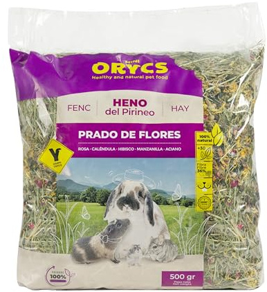 ORYCS Foin de Prairie aux Fleurs des Champs pour Lapins et Rongeurs, 100% Naturel, Heno Del Pirineo avec Rose, Calendula, Hibiscus, Camomille, Bleuet, 500g