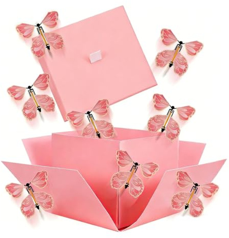 Quorumsg Caja Sorpresa Mariposas, 14.2 x 14.2 x 12.4cm Creative Exploding Buterfly Caja Regalo, Cajas Explosiva Regalo con 8 Mariposas Voladoras, para Regalar a Amigos y Familia(Rosa)