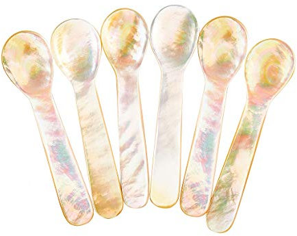 DUEBEL Juego de 6 Cucharas MOP Brillantes de Nácar de 7.5 cm para Caviar, Huevo y Helado (Brillantes)