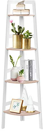 DREAMADE Etagère d’Angle, Bibliothèque d’Angle, Meuble d’Angle à 4 Niveaux en Bois avec Style Echelle pour Salon, Chambre, Salle de Bain, Bureau, Balcon 32 x 32 x 138CM Blanc