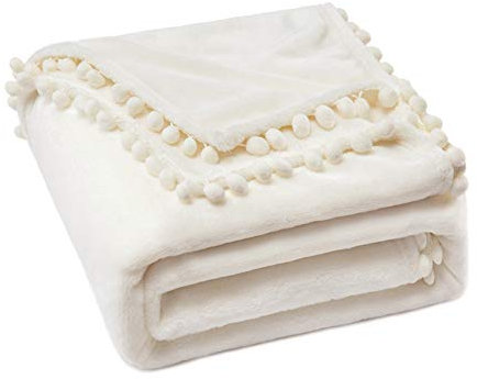 MIULEE Kuscheldecke Fleecedecke Flanell Decke mit Pompoms Einfarbig Wohndecken Couchdecke Flauschig Überwurf Mikrofaser Tagesdecke Sofadecke Blanket, 170x210cm, Weiß