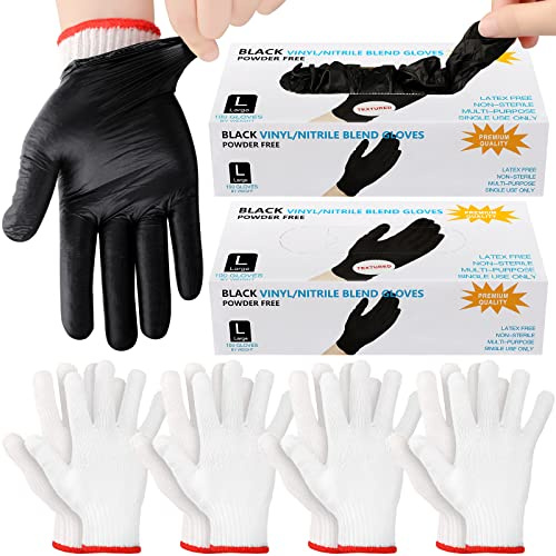 Janmercy 200 Pcs Disposable BBQ Nitrile Gloves with 4 Pairs Cotton Liners Grilling Cooking Cleaning Gloves for Smoker Meat(Large,Black, White)