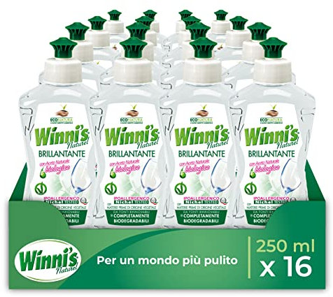 Winni's - Additivo Brillantante Lavastoviglie Ipoallergenico, con Aceto Naturale Biologico, Contro Residui e Macchie, con Materie Prime di Origine Vegetale, 250 ml x 16 Confezioni