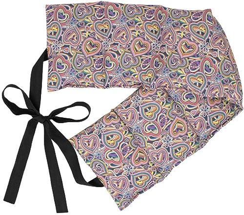 Cuscino termico con semi di uva (65x15cm, Cotone Bio Psychedelic Heart, 7 compartimenti con banda da legare) Cuscino riscaldabile per la schiena, lombare, stomaco e molto altro