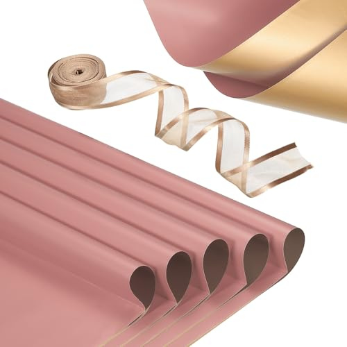 PATIKIL 20 Sheets Flower Wrapping Paper, Waterproof Flower Paper Wraps with Ribbon Floral Bouquet Supplies for DIY Crafts Packaging Bouquet, 22.8x22.8 Inch, Rose Brown/Gold Tone