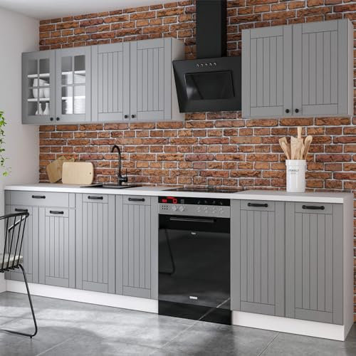 roe furniture Küchenzeile ohne Elektrogeräte - Modern Einbauküche 240 cm - Küche Komplett Lora - Küchenblock - Geräumige Singleküche - Küchenmöbel Komplett Grau Matt ohne Oberteil