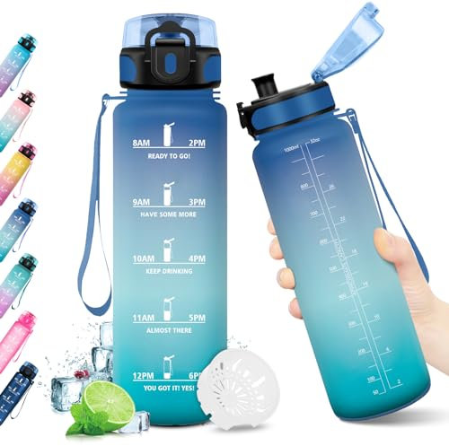 KollyKolla Trinkflasche 1L, Sport Trinkflasche Kohlensäure Geeignet, Wasserflasche Auslaufsicher, Trinkflasche Fahrrad mit Zeitmarkierung und Filter, für Kinder, Erwachsener, Büro, Sport, Fitness