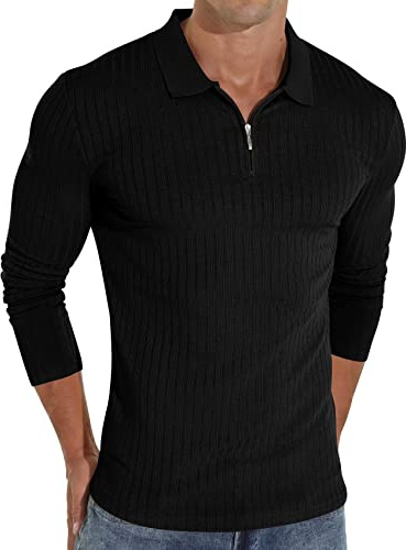 Camisas polo con cremallera Sailwind para hombre, manga larga, ajustadas, camisas casuales de punto de canalé elásticas con cremallera, Negro, M