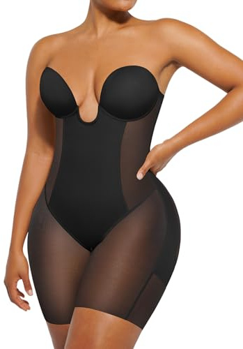 SHAPELLX Strapless Shapewear Bodysuit Deep Plunge Tummy Control, Black S