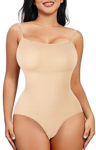 Bingrong Shapewear Dam magkontroll bodysuit starkt formande kroppsformande kroppsformande body sömlös formande bodys med justerbar axelrem, Beige, XXL