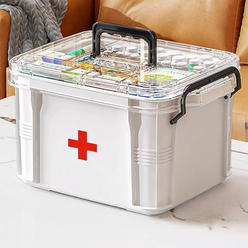 Medikamenten Aufbewahrung,Medizinbox Hausapotheke box mit Griff und herausnehmbarem Fach,Doppellagig Multifunción Aufbewahrungsbehälter Große Kapazität für Medikamente,Gadgets,Kosmetische(Weiß-S)