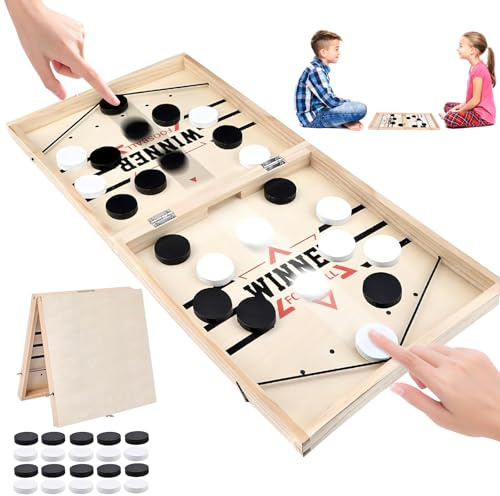 Dwafill Plegable Juego de Hockey de Madera, Hockey de Madera, Juego de Mesa de catapulta, Juego de Hockey de Escritorio Juegos de Mesa Interactivos para Niños y Familia, Puck Game