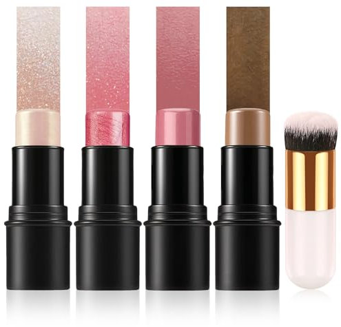 4 Contour Stick, Bronzer Stick, Contour Kit,with Brush Contour Highlighter Blush Sticks Waterproof and Long-Lasting Face Makeup Set for All Skin Type, for Face Abdomen Clavicle, Etc