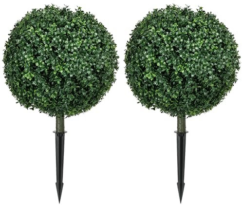 HOMCOM 2er Set Künstliche Buchsbaumkugel 70cm Kunstpflanze, Plastik Künstliche Pflanzen mit Bodenpfählen, Kunstbaum Fake Plant wie echt für Wohnzimmer Schlafzimmer Büro Dekoration Geschenk
