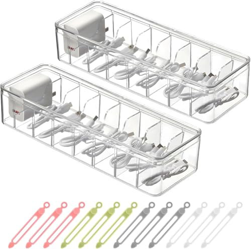 MINISOISO 2 Pezzi Organizer Cavi, Scatola di Immagazzinaggio per Cavi Dati, con 24 Fascette ed 8 Scomparti, Scatola Organizer per Cavi USB, Organizzatore di Cavi, per Famiglia/Iscrivania/Ufficio