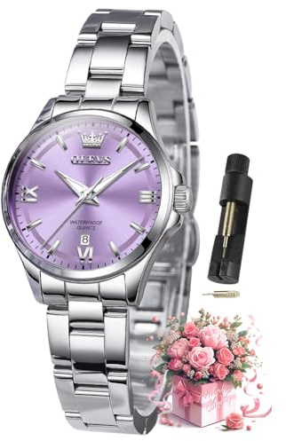 OLEVS Watches for Women Luxury Elegant Stainless Steel Purple Dial Waterproof Luminous Diamond Women's Fashion Watch Ladies Watches for Small Wrists